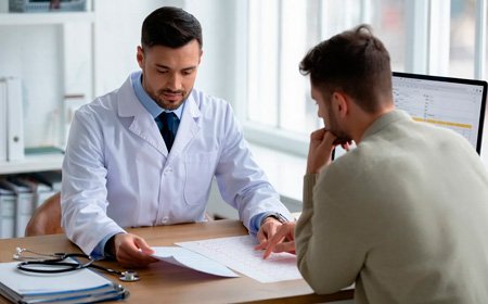 Врач показывает анализы пациенту