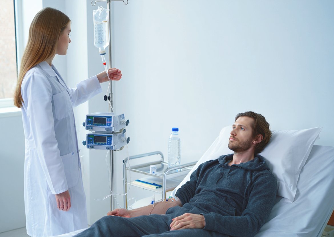 Молодой человек лежит на прцедуре капельницы
